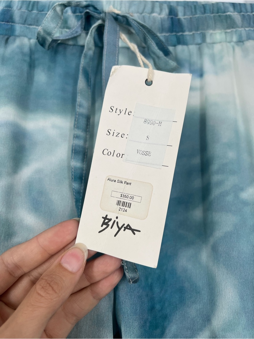 Biya Johnny Was Alura 100% Silk Satin Blue Teal Watercolor Jogger Pants S NWT - Picture 4 of 9